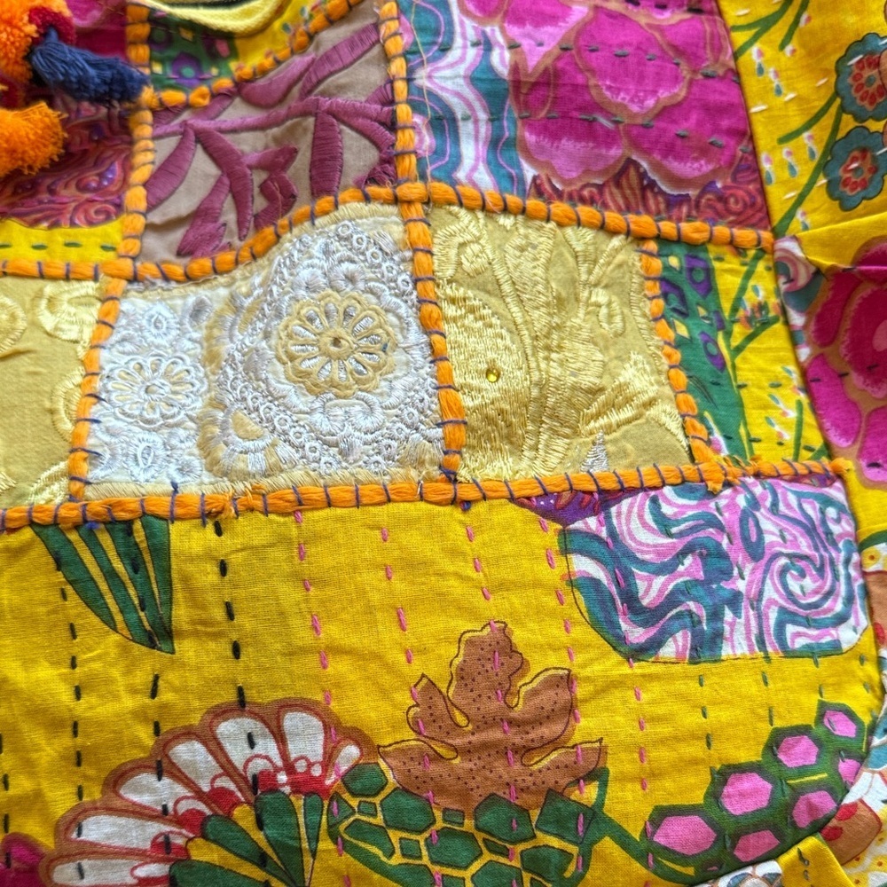 Tribe Azure Fair Trade Cotton Yellow Multi Patchwork Boho Tassel Tote Bag NWOT - Picture 3 of 16